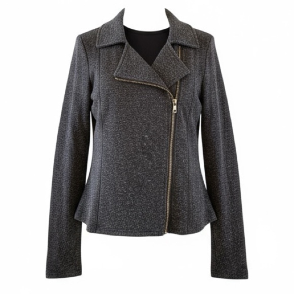 -New 14th & Union Zip Up Long Sleeve Jacket Womens L Black Speckle Moto Coat $45